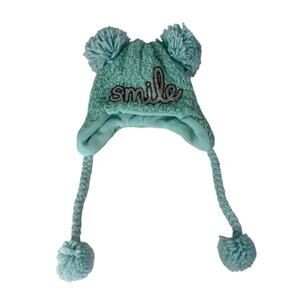Justice Girls Fleece Winter Hat Earflap Pom Pom Smile Teal One Size Beanie Cozy